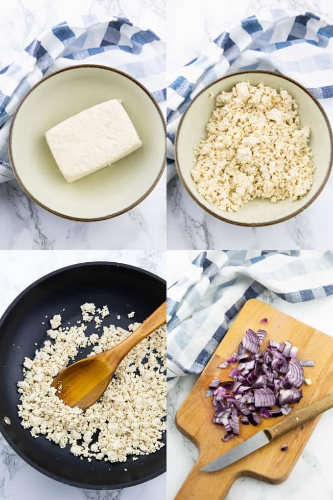 four step-by-step photos that show the preparation of tofu scramble 