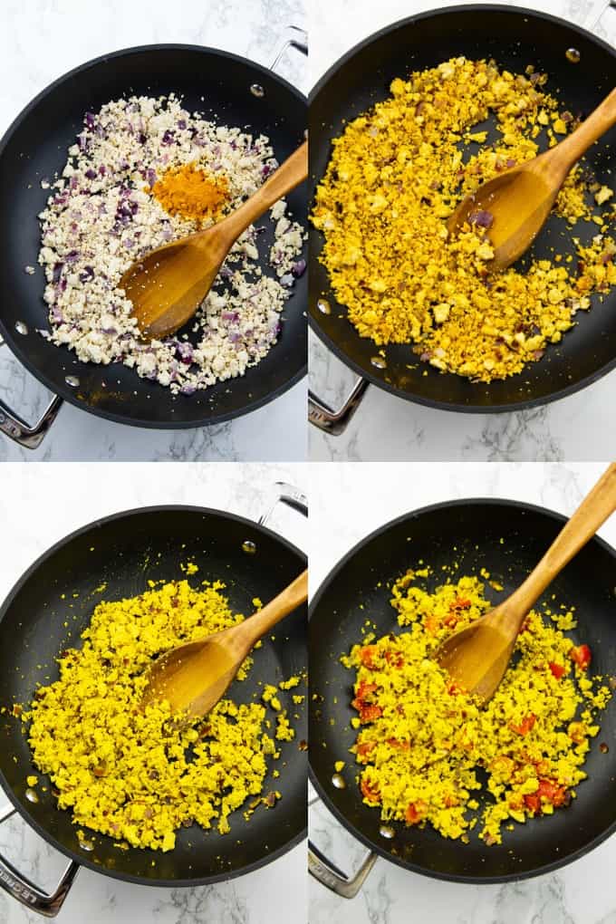four step-by-step photos of the preparation of tofu scramble 