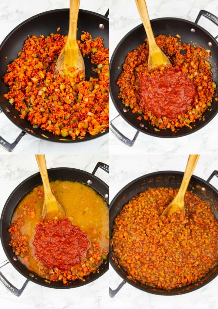 a collage of four photos that show the preparation of lentil bolognese 