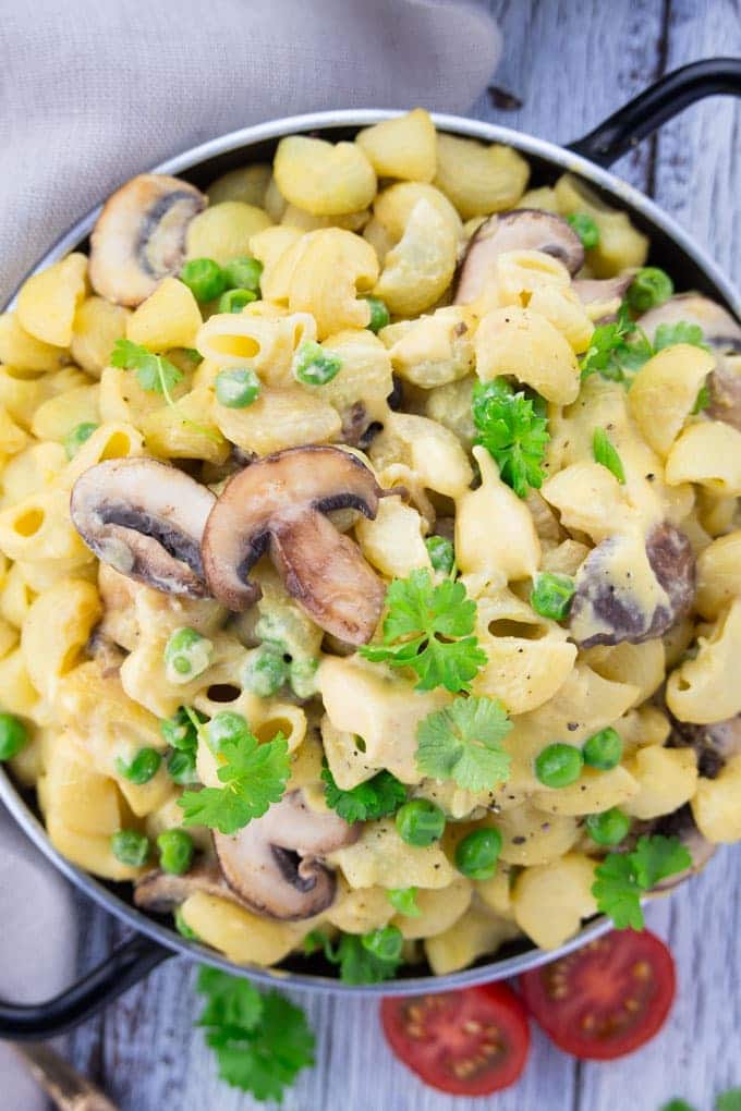 Vegan Mac and Cheese with Mushrooms and Peas