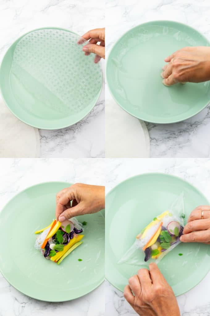 a collage of four step-by-step photos that show how rice paper rolls are being rolled 