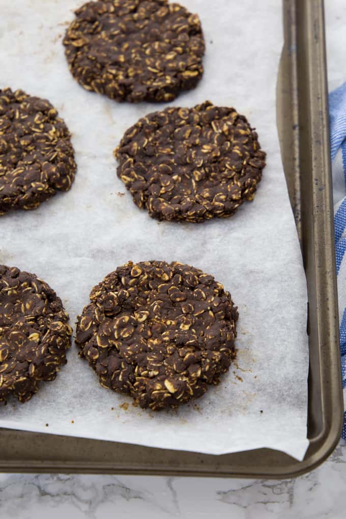 no bake cookies without milk on a baking sheet lined with parchment paper