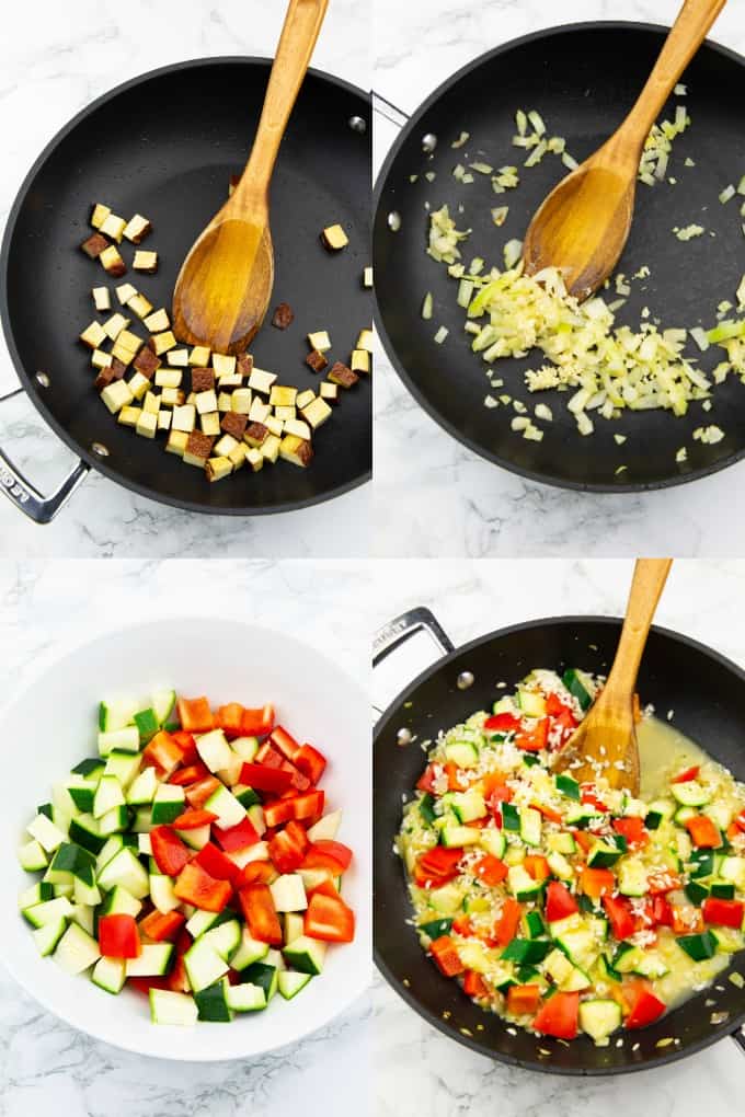 a collage of four photos that show the preparation of vegan paella 