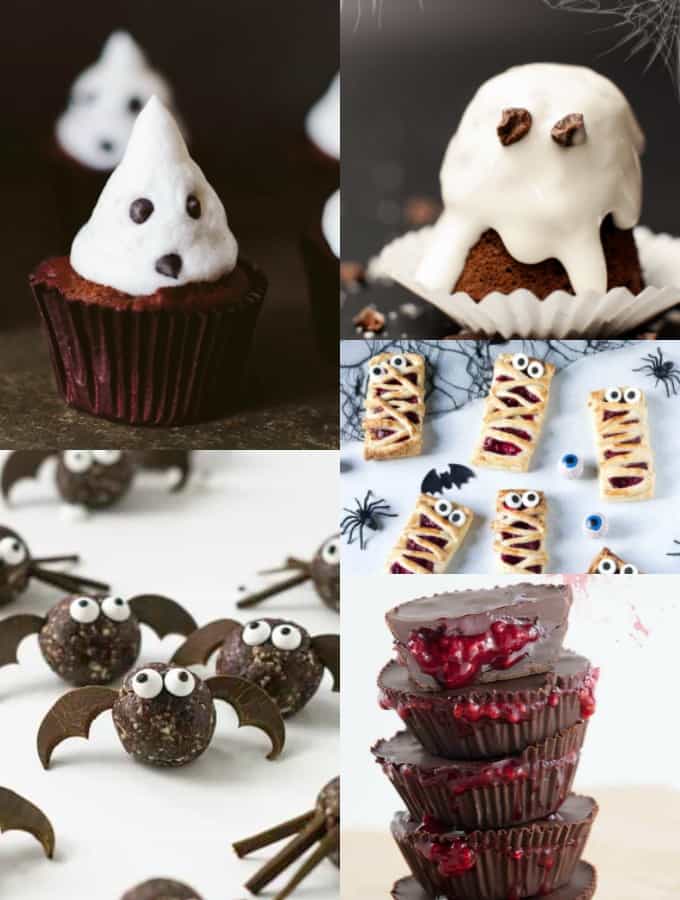 a collage of vegan five vegan Halloween recipes 