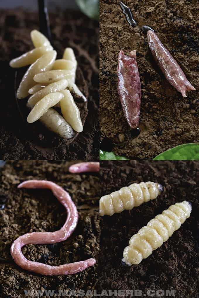 a collage of worms made out of marzipan for Halloween