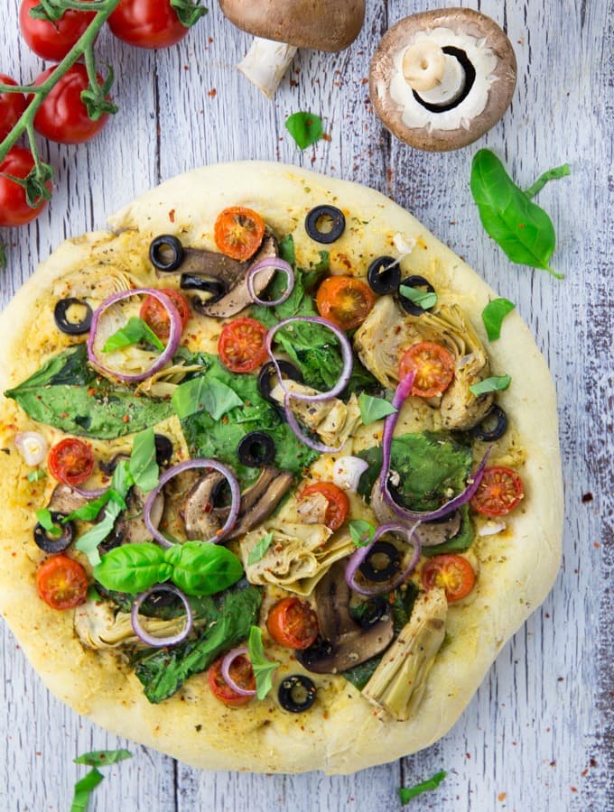 Hummus Pizza with Veggies - Vegan Heaven