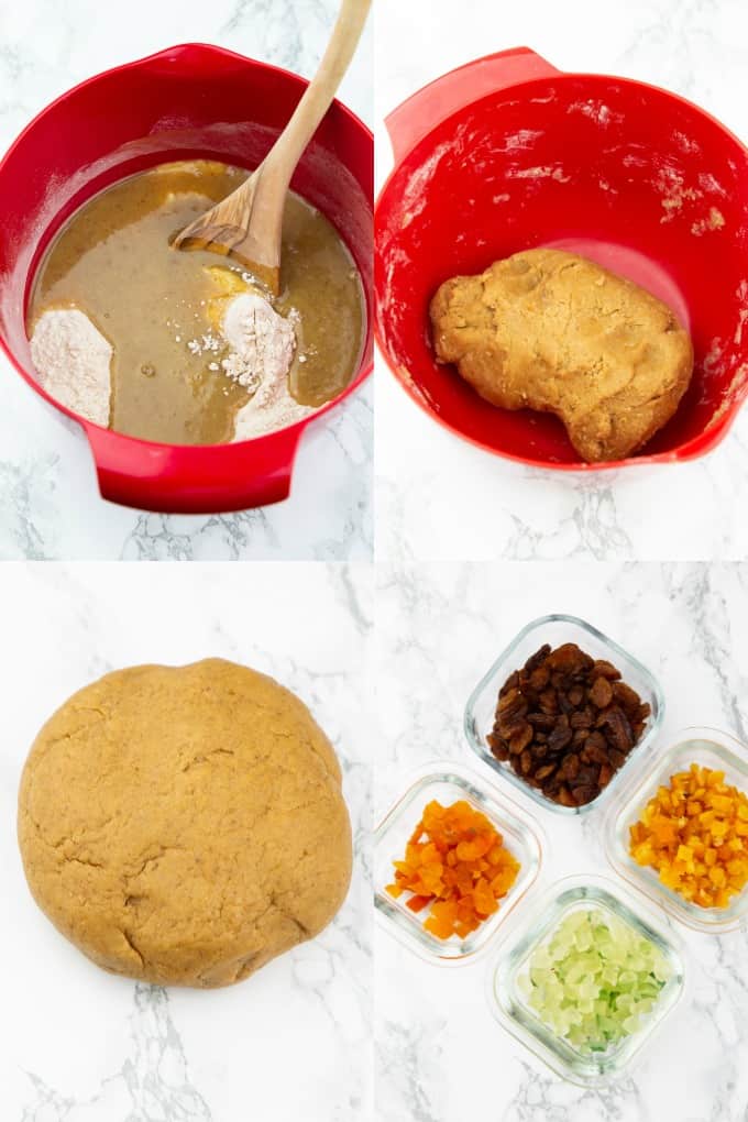 a collage of four photos that show the preparation of stollen 