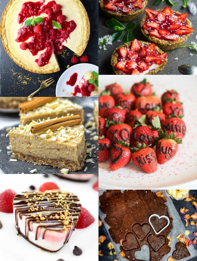 a collage of six vegan Valentine's Day recipes 