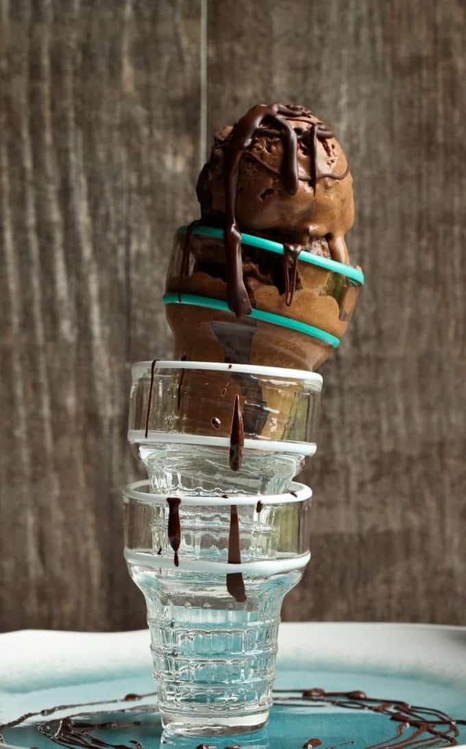 vegan chocolate ice cream in glass ice cream cones 
