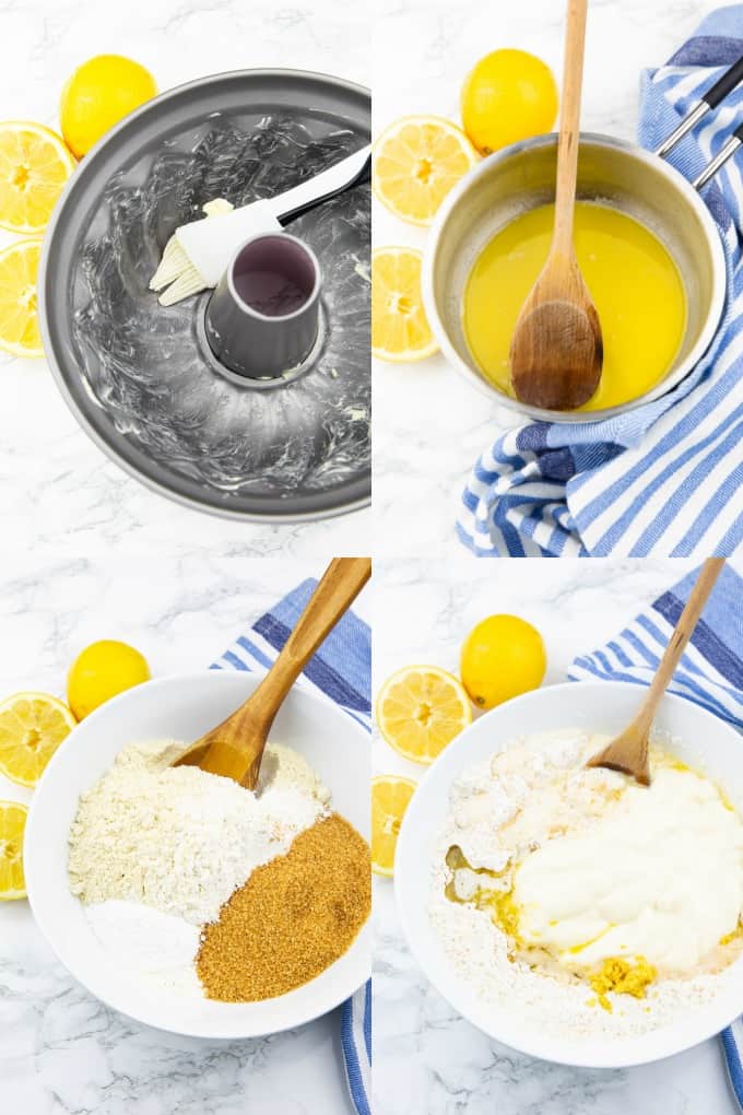 a collage of four step-by-step photos that show the preparation of a vegan lemon cake