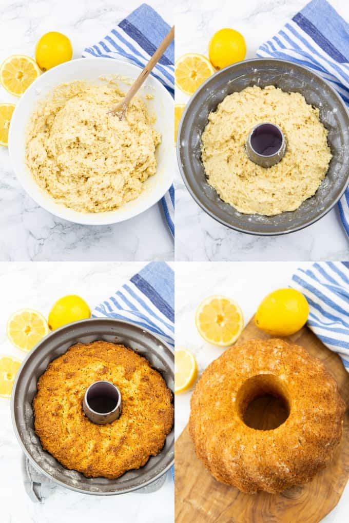 a collage of four step-by-step photos that show the preparation of a vegan lemon cake