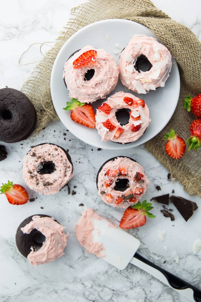 Vegan Chocolate Donuts with Strawberry Frosting