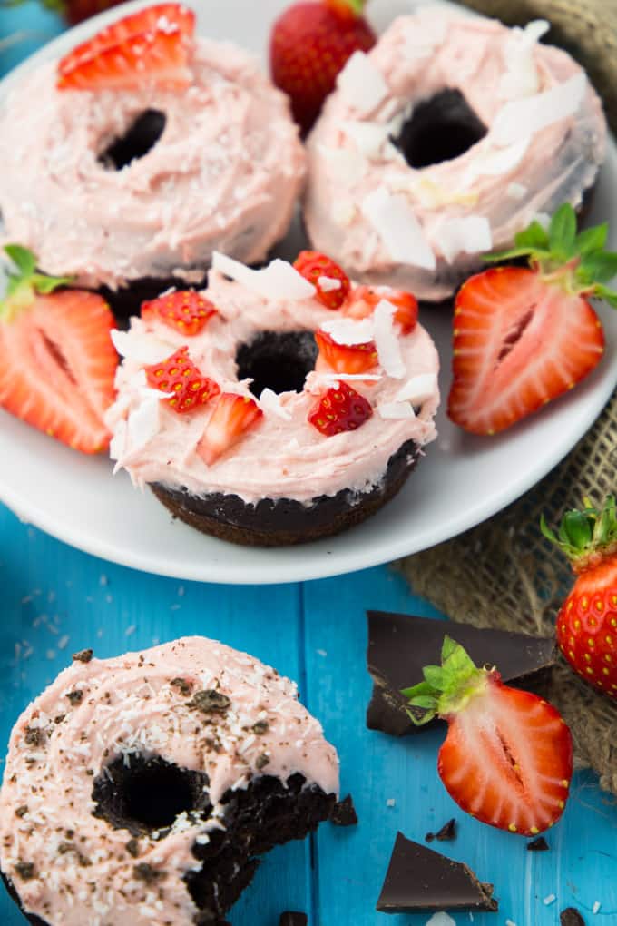 Vegan Chocolate Donuts with Strawberry Frosting