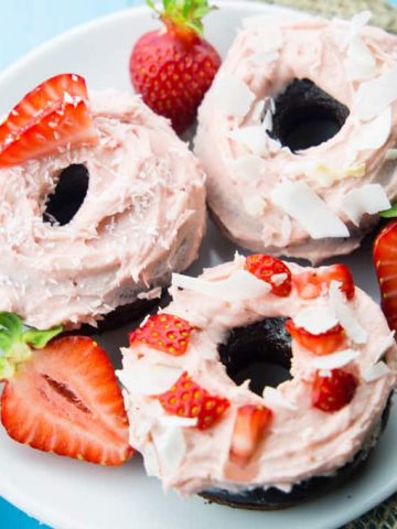 Vegan Chocolate Donuts with Strawberry Frosting