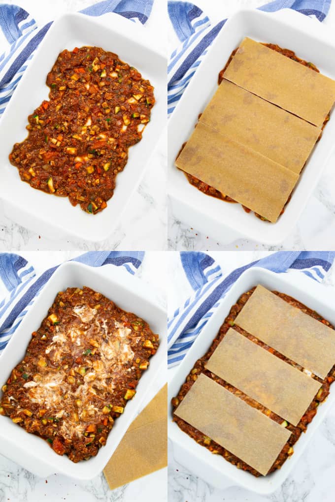 4 step by step photos that show how a vegan lasagna is being layered 