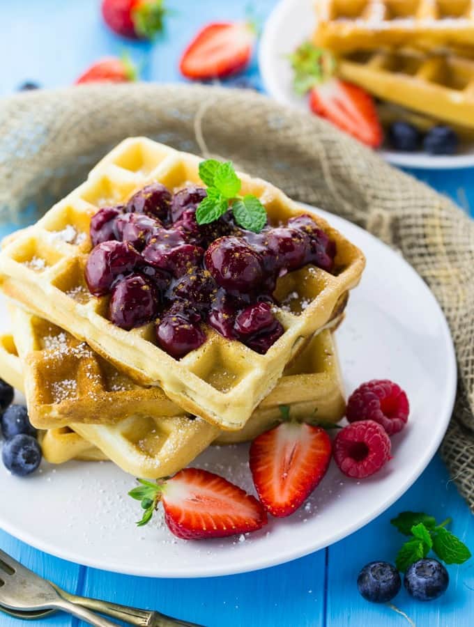 Eggless Waffles with Cherry Sauce (Vegan) - Vegan Heaven