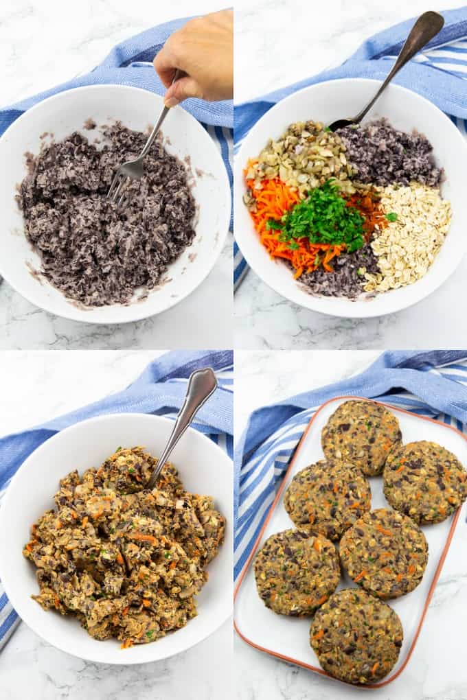a collage of four photos that show the preparation of vegan black bean burgers 