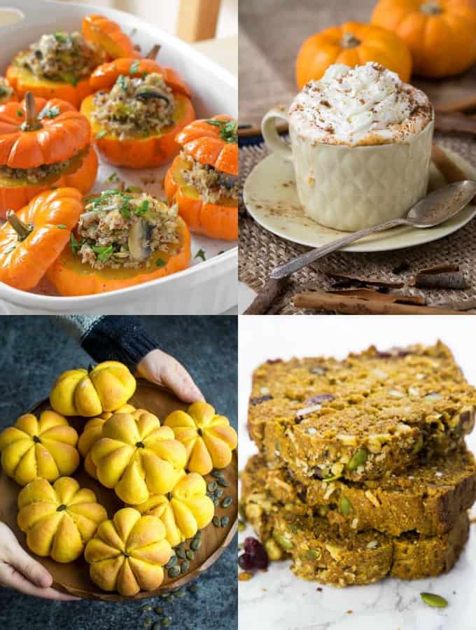 a collage of four vegan pumpkin recipes