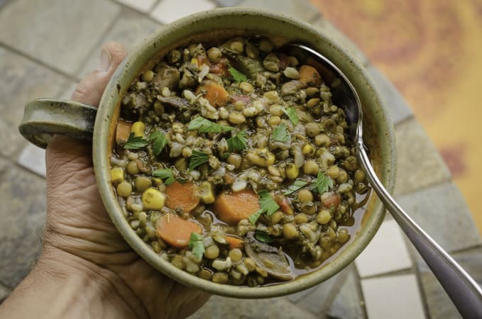 someone holding a bowl of lentil soup with a spoon