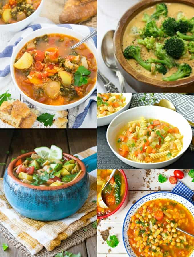 a collage of vegan soup recipes