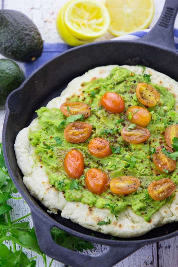 Stovetop Pizza with Avocado and Roasted Cherry Tomatoes