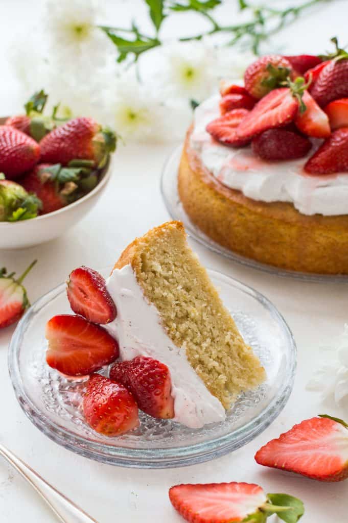 Vegan Lemon Almond Cake with Coconut Whipped Cream and Strawberries 