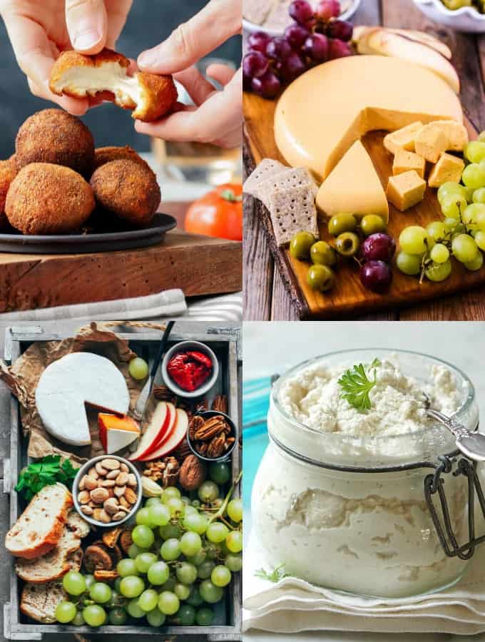 a collage of four vegan cheese recipes 