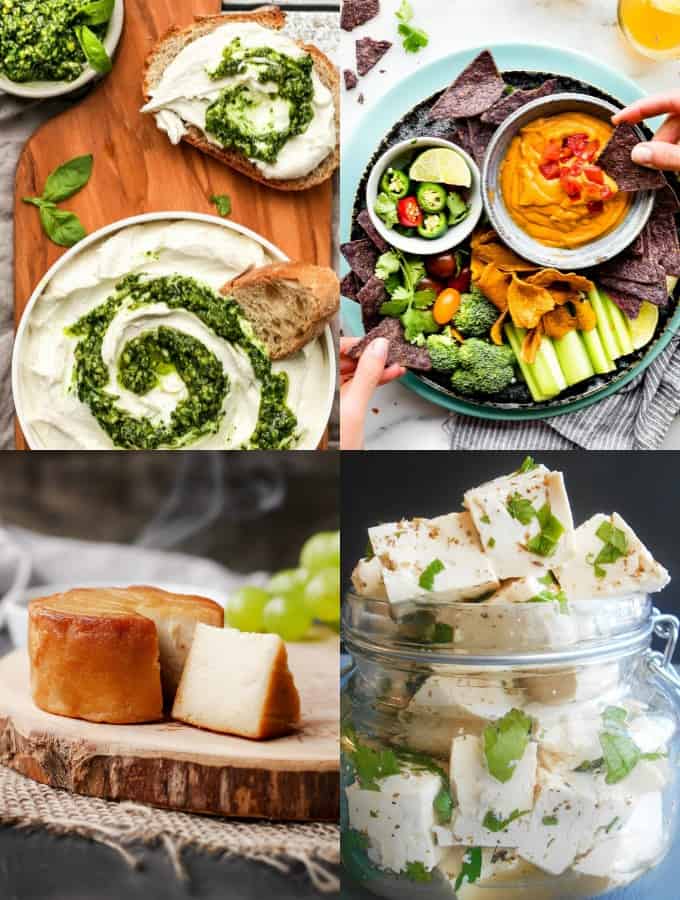 a collage of four vegan cheese recipes 