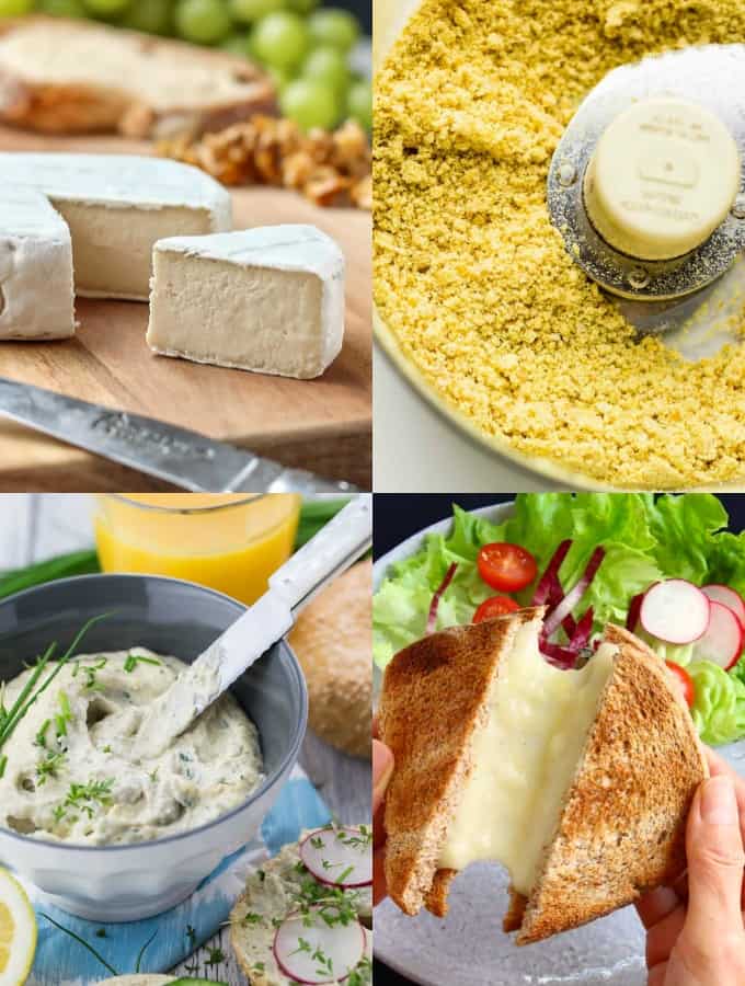a collage of four vegan cheese recipes 