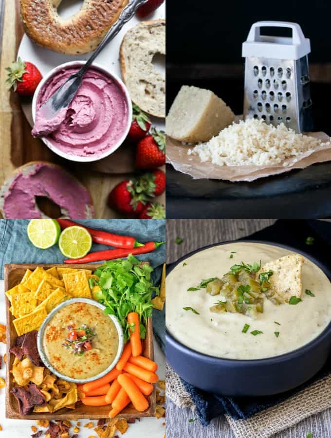 a collage of four vegan cheese recipes 