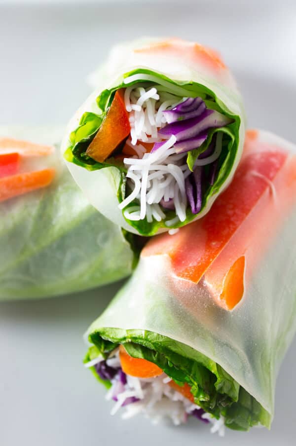 Three Vegan Salad Spring Rolls on a White Plate