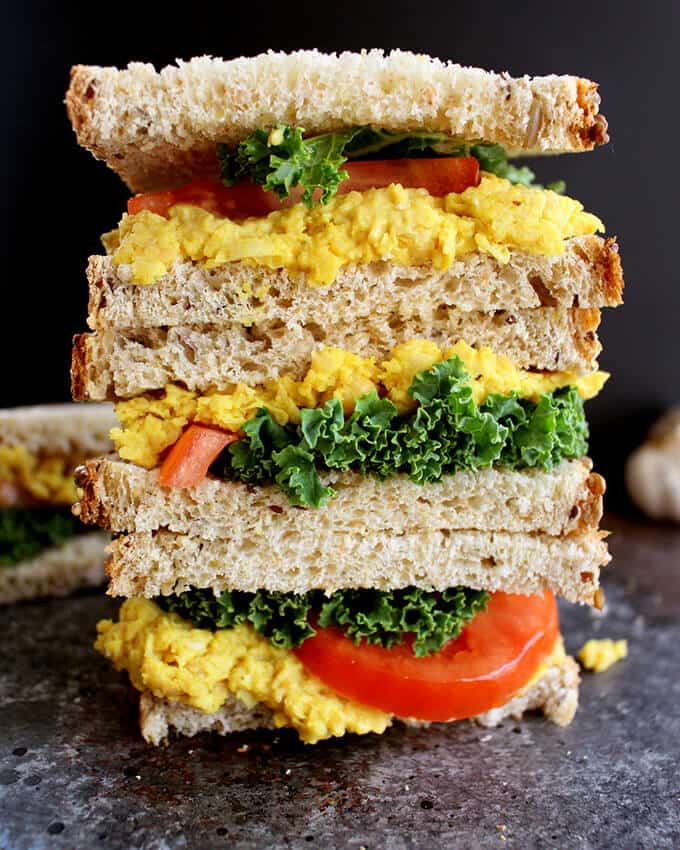 A Stack of Two Vegan Turmeric Chickpea Salad Sandwiches