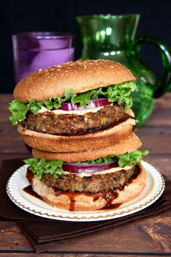 A Stack of Vegan Mushroom Pecan Burgers 