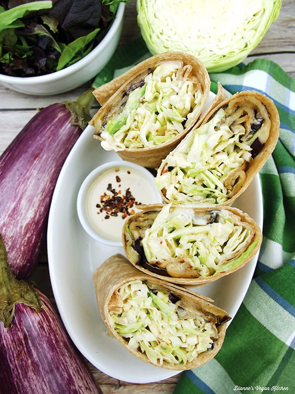 Grilled Eggplant Wraps with Spicy Tahini Slaw 