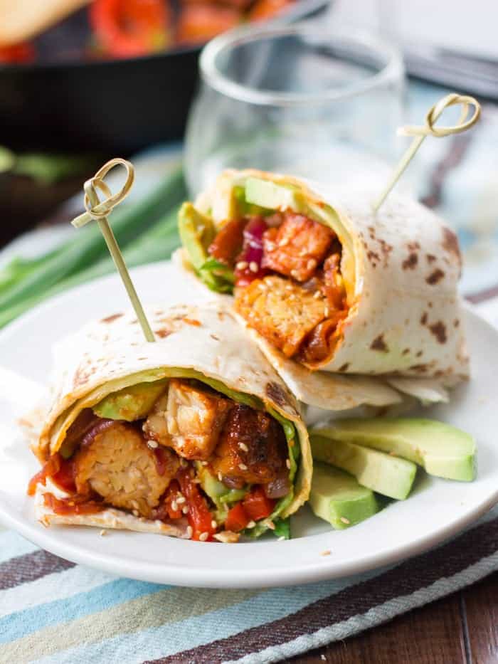 Two Korean Barbecue Tempeh Wraps on a Plate