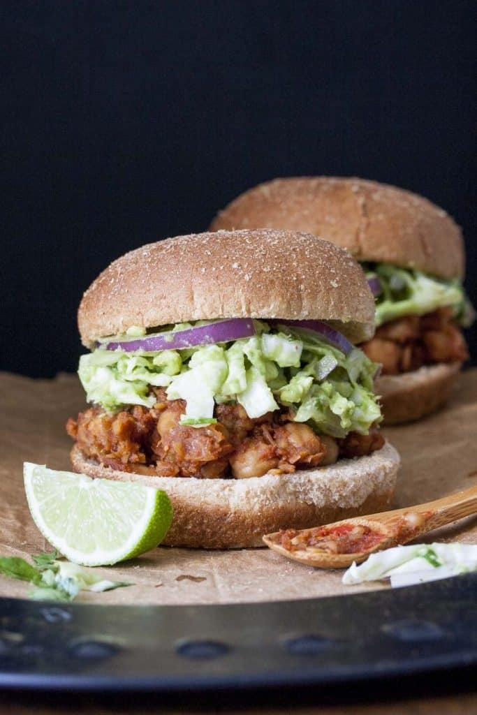 BBQ Chickpea Sliders with Pineapple Slaw and a Lime Slice on the Side