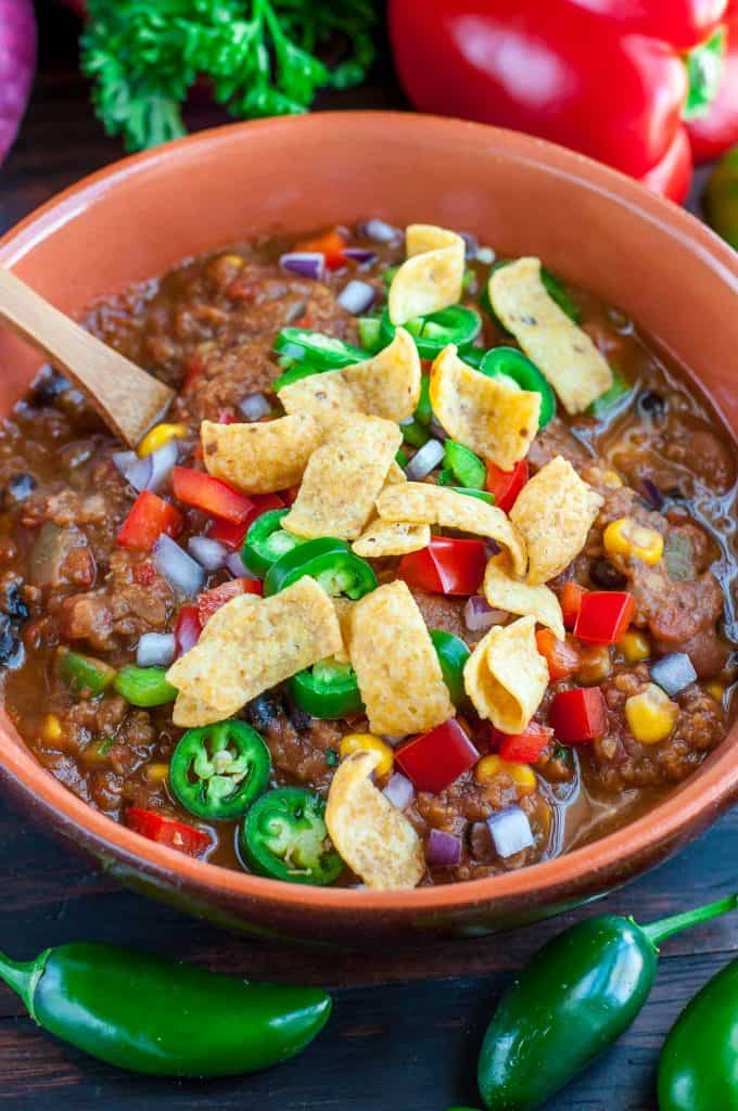 Vegan Lentil Chili with Nachos on Top