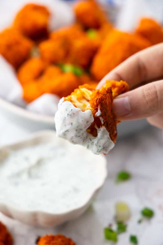 Cauliflower Buffalo Wings with Ranch Sauce in a Little Bowl
