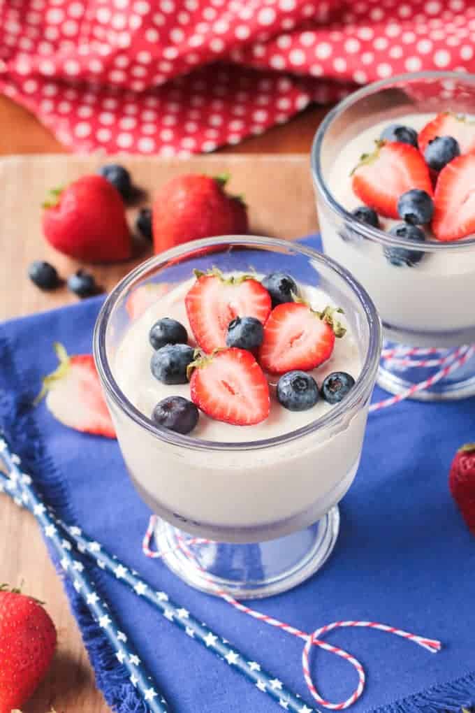 Vegan Vanilla Pudding in Two Glasses with Berries 