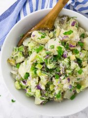 Vegan Potato Salad with Pickles in a Bowl