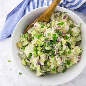 Vegan Potato Salad with Pickles in a Bowl
