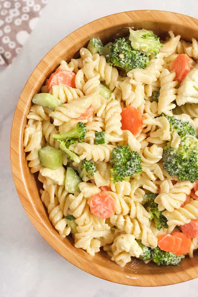 Vegan Ranch Pasta Salad in a wooden bowl