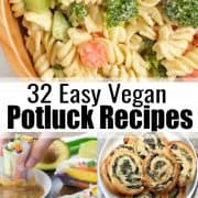 a collage of vegan potluck recipes with a text overlay