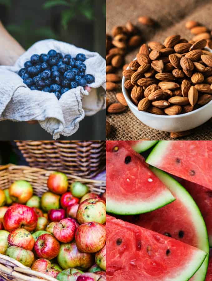a collage of blueberries, almonds, apples, and watermelons