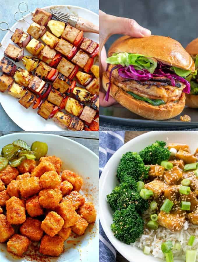 A collage of four vegan tofu recipes