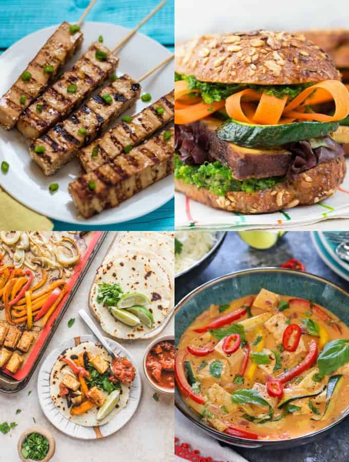 A collage of four vegan tofu recipes 