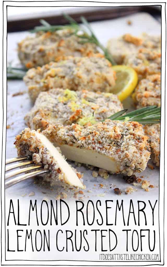 A Fork with a Piece of Almond Rosemary Lemon Crusted Tofu on a Baking Sheet Lined with Parchment Paper 