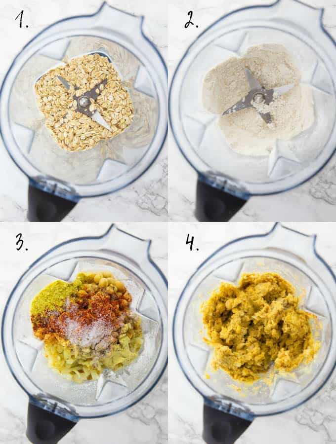 step-by-step photos of preparation of vegan chicken nuggets in a blender