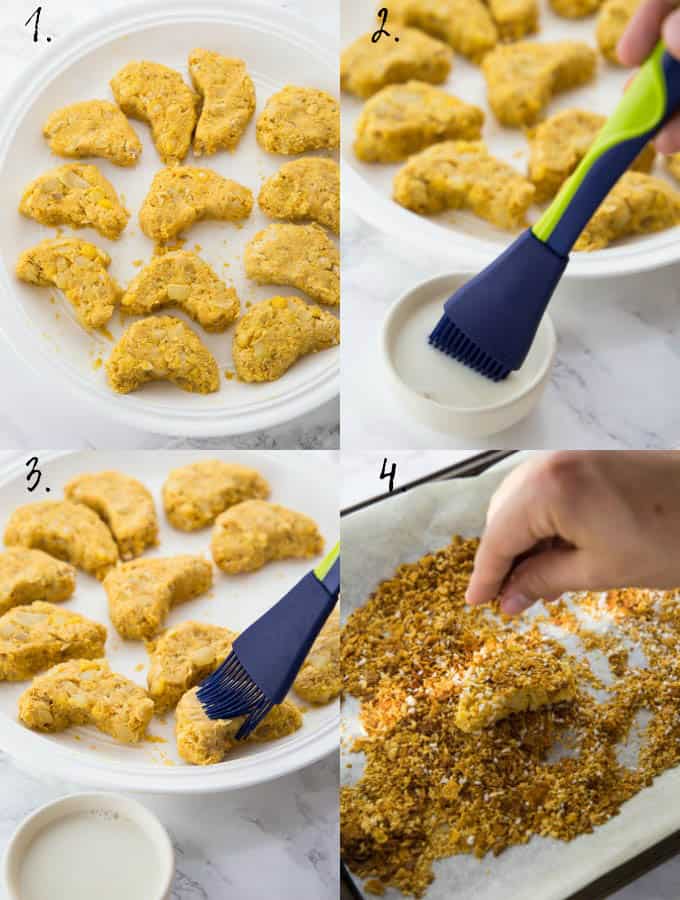 step-by-step photos of preparation of vegan chicken nuggets in a blender