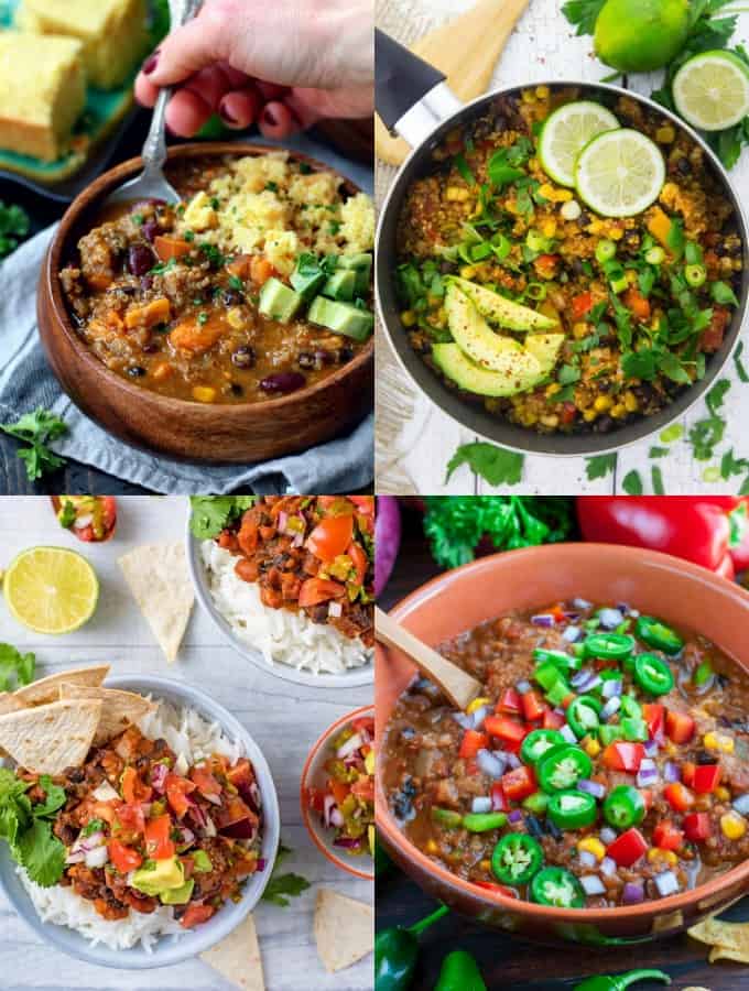 a collage of four vegan chili recipes 